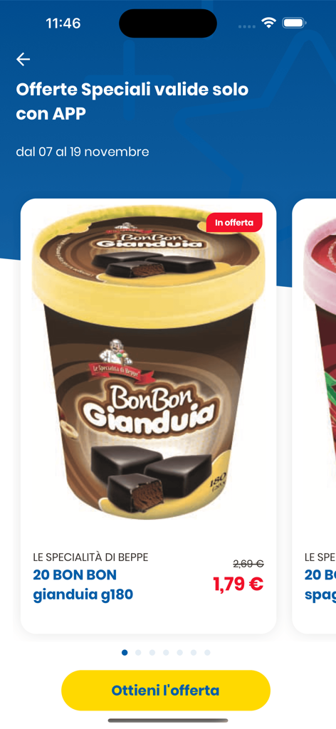 MD App-Bildschirm mit Sonderangeboten für italienische Produkte wie BonBon Gianduia Süßigkeiten