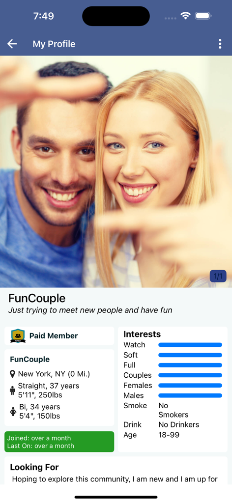 SLS Official Swinger Community - Profile page of a couple on the SLS Official Swinger Community app showing their interests and location