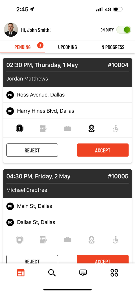 Interfaccia dell'app mobile DriverAnywhere 4.0 che mostra un elenco di assegnazioni di corse in sospeso con luoghi di ritiro e consegna per un autista professionista
