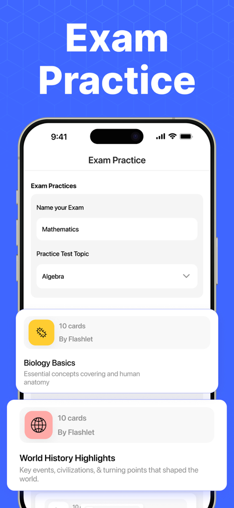 Quiz Maker and AI Flashcards - 수학, 생물학, 역사 학습 주제를 보여주는 Quiz Maker 및 AI Flashcards 앱의 시험 연습 인터페이스