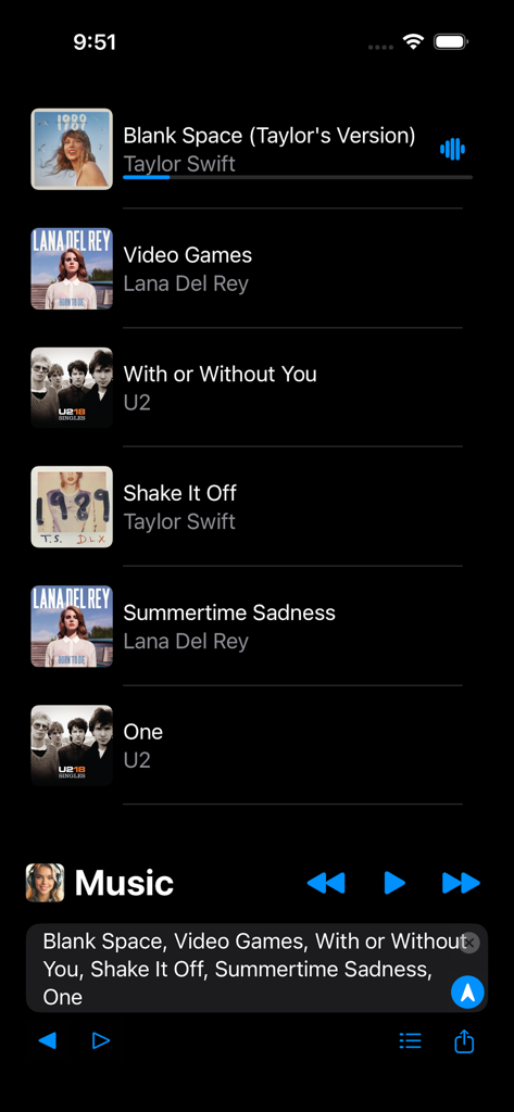 AI-Jukebox - Screenshot of the AI-Jukebox app interface showing an AI-generated playlist with songs by Taylor Swift and Lana Del Rey
