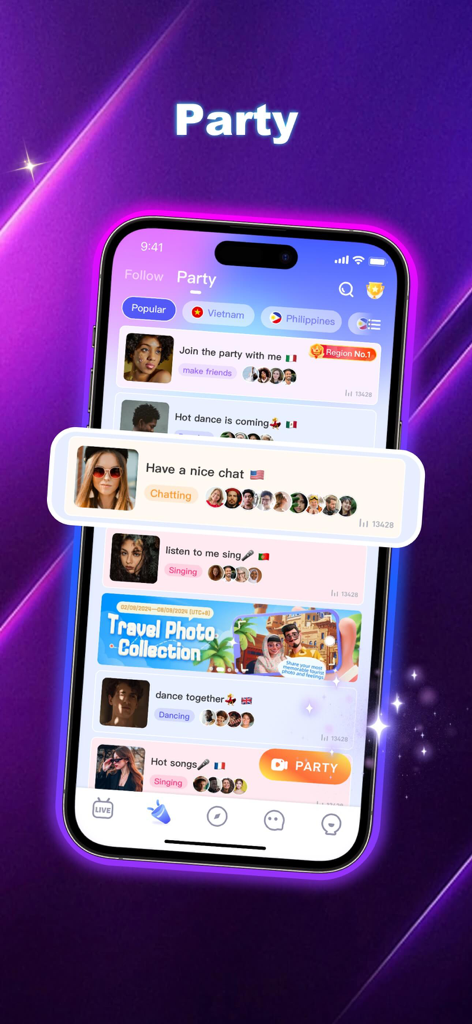 Poppo Live- Live Stream - Interface of the Poppo Live app showing different online party rooms for social interaction