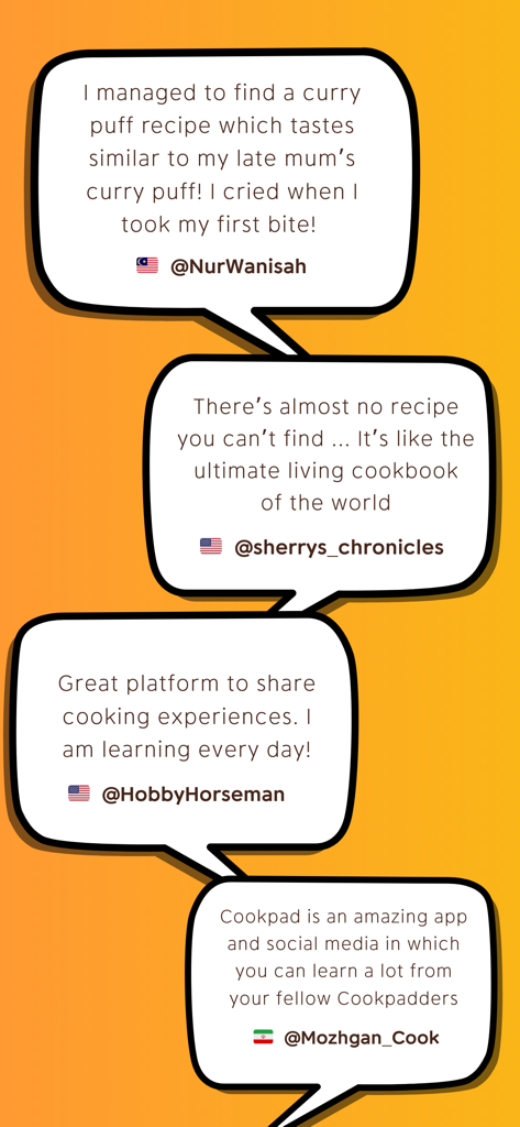 Cookpad Recipes, homemade food - Témoignages d'utilisateurs du monde entier, cuisiniers amateurs partageant leurs expériences positives et leurs découvertes de recettes sur l'application Cookpad.