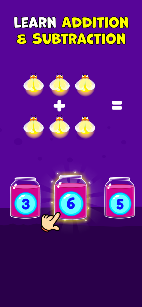 Educational math game for kids showing addition with fireflies and numbered jars