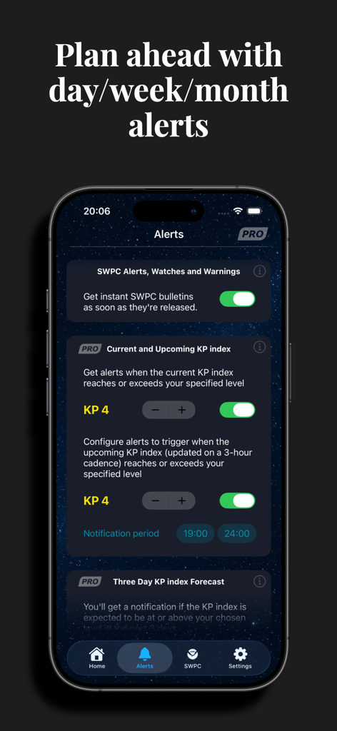 Alerts settings screen in the KP Index Aurora Forecast app for configuring northern lights notifications.