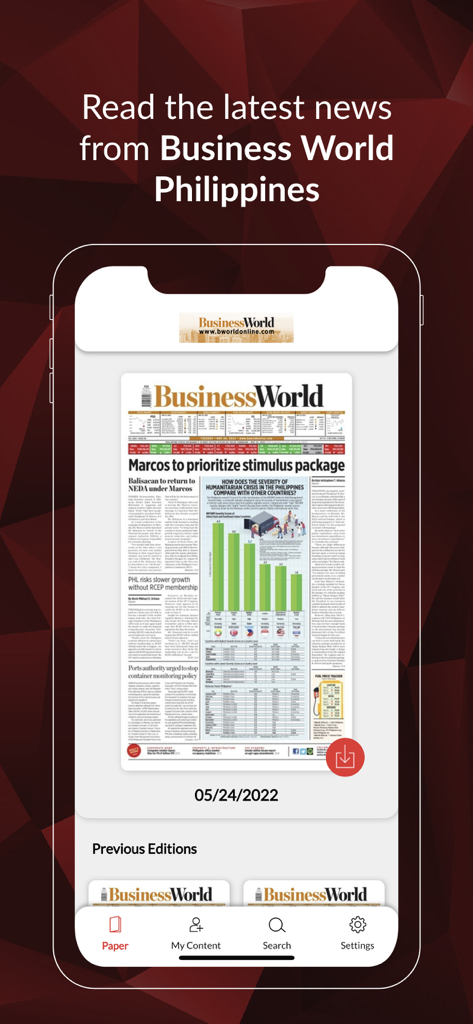 BusinessWorld Philippines - Digital newspaper interface of the BusinessWorld Philippines mobile app showing the latest business news