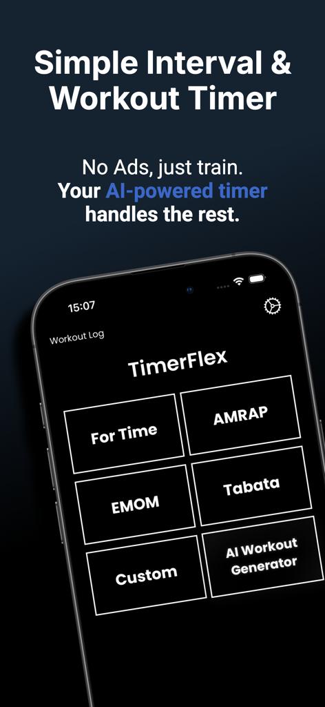 TimerFlex: HIIT & AI WOD Timer - Interfaccia dell'app TimerFlex che mostra le modalità del timer di allenamento, inclusi AMRAP EMOM e generatore AI