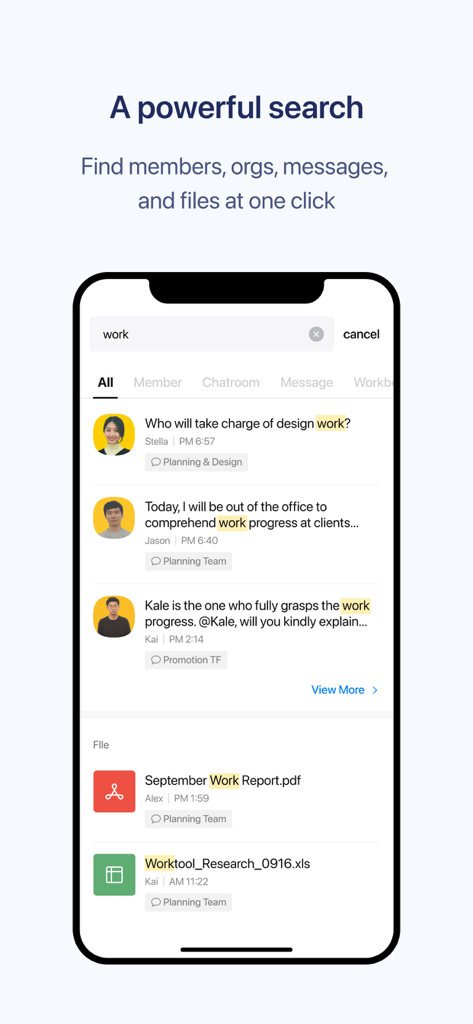 Kakao Work mobile app integrated search results screen showing messages and files