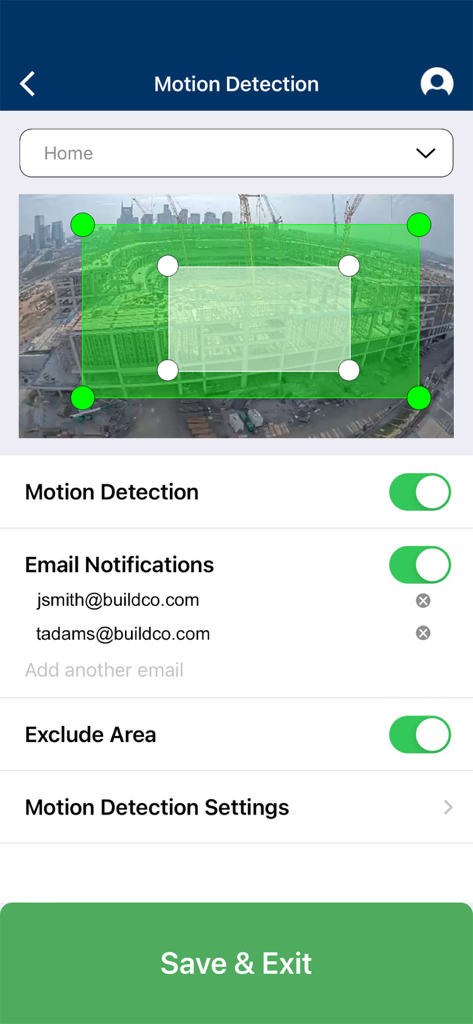 EarthCam - EarthCam Control Center 9 motion detection settings screen showing a construction site camera feed with a highlighted detection zone.