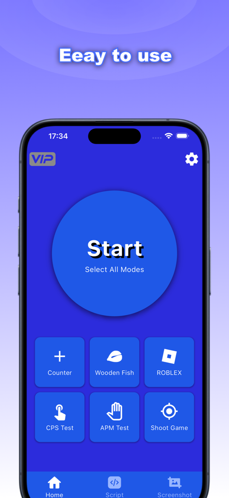 Pantalla principal de la aplicación Auto Clicker con un botón de inicio y modos de juego como Roblox y prueba de CPS en un iPhone
