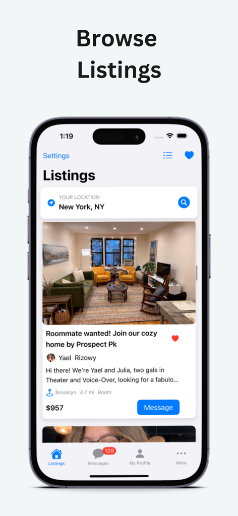 Roomie - Find a Roommate - The Roomie app browse listings screen showing a room for rent in Brooklyn New York