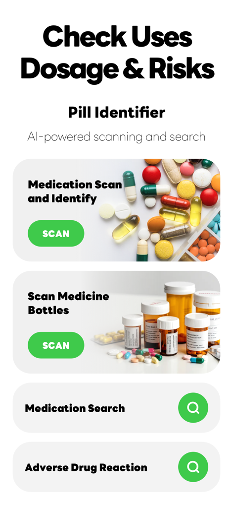 Aplicativo Pill Identifier mostrando recursos de escaneamento de medicamentos e informações sobre medicamentos