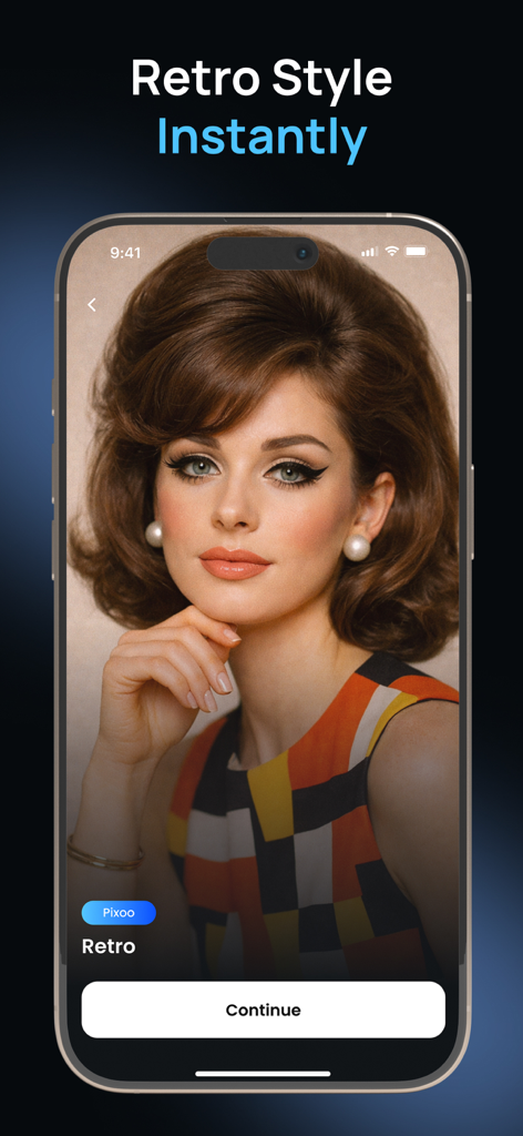 Pixoo-AI Photo&Video Generator - Woman with vintage 1960s hairstyle using Pixoo AI retro filter