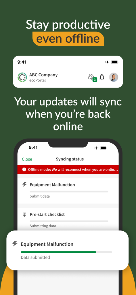 ecoPortal Connect - Tela de smartphone mostrando o aplicativo ecoPortal Connect em modo offline com status de sincronização para relatórios e listas de verificação de segurança.