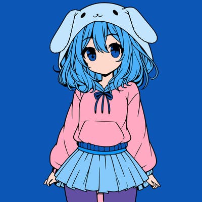 pretty anime girl wearing a fluffy hoodie with bunny ears on the hood and a skirt