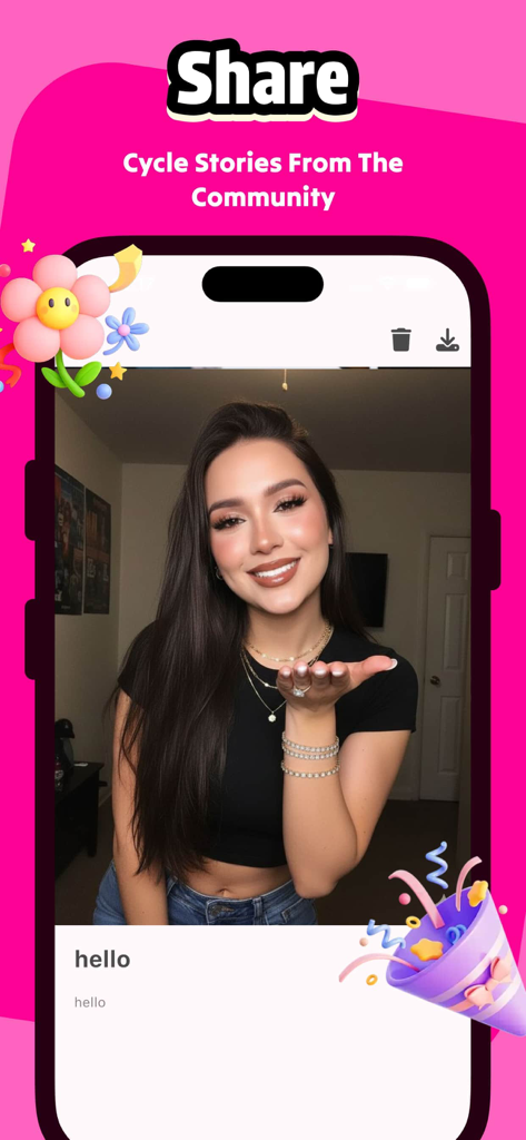 Vinee app interface showing community cycle stories sharing feature with a pink background.