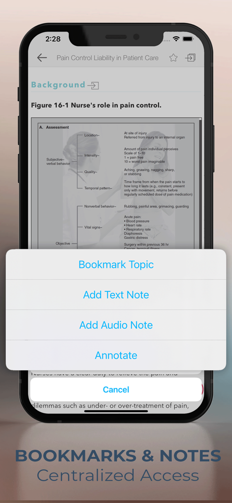 Essentials Nursing Law Ethics app screenshot showing bookmark and note menu options
