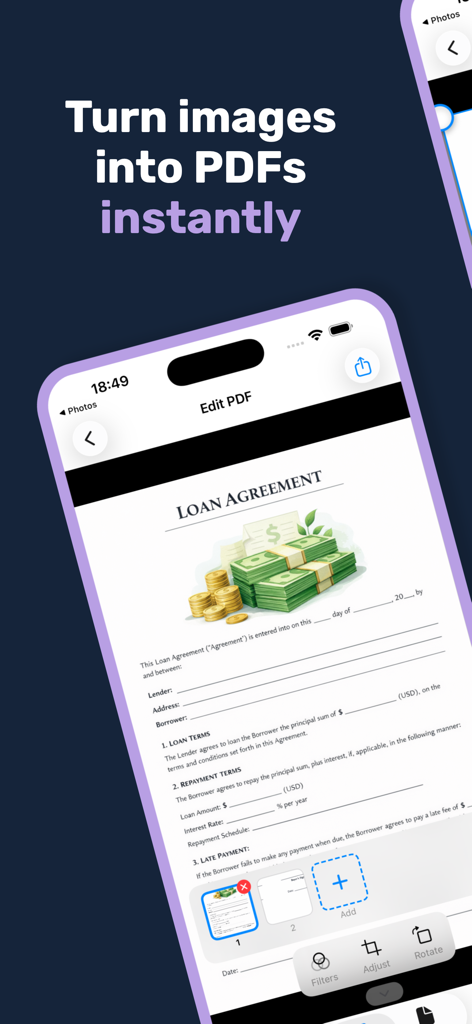 Smartphone screen showing the PDFio app interface editing a loan agreement document for PDF conversion