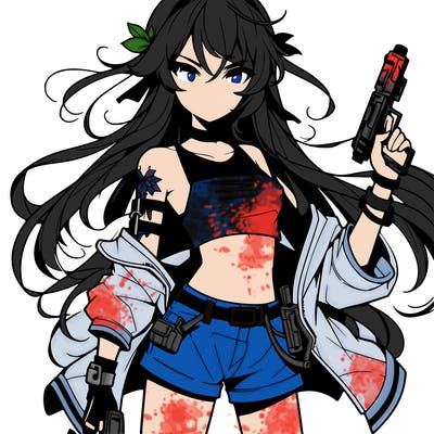 bad girl wearing crop top holding a gun long hair anime