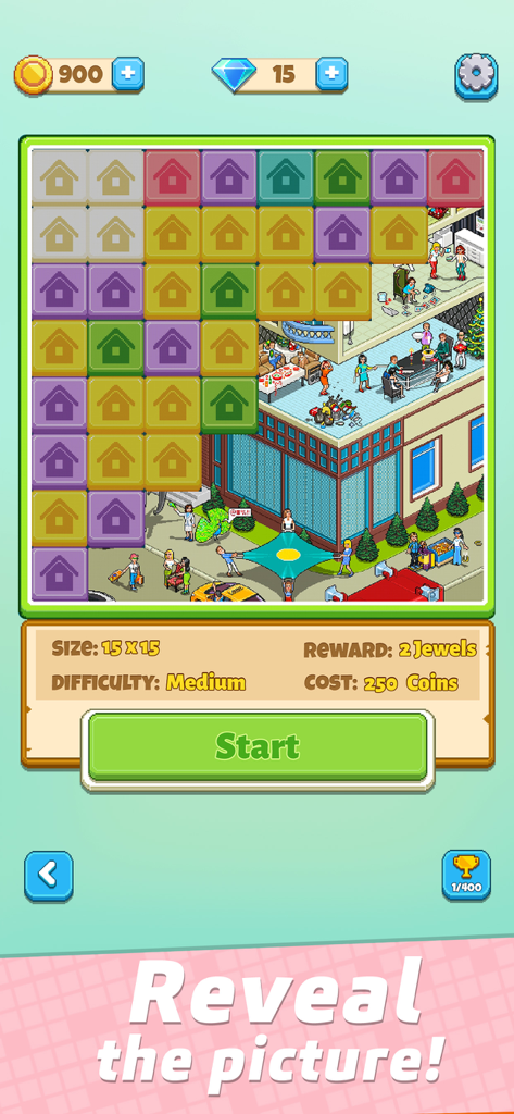 Interfaz del juego móvil Pixel Cross mostrando un puzle de dificultad media con tema de ciudad de arte pixelado y botón de inicio