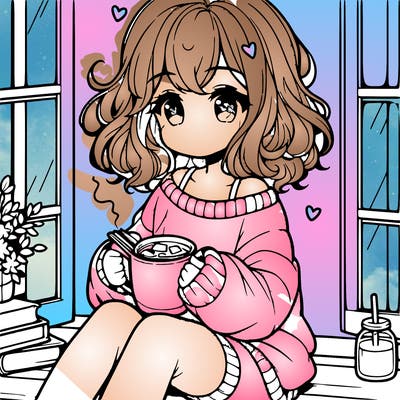 cute anime girl reading book and drinking hot chocolate from mug with loose wavy hair wearing a baggy sweatshirt and shorts sitting by windowsill looking out