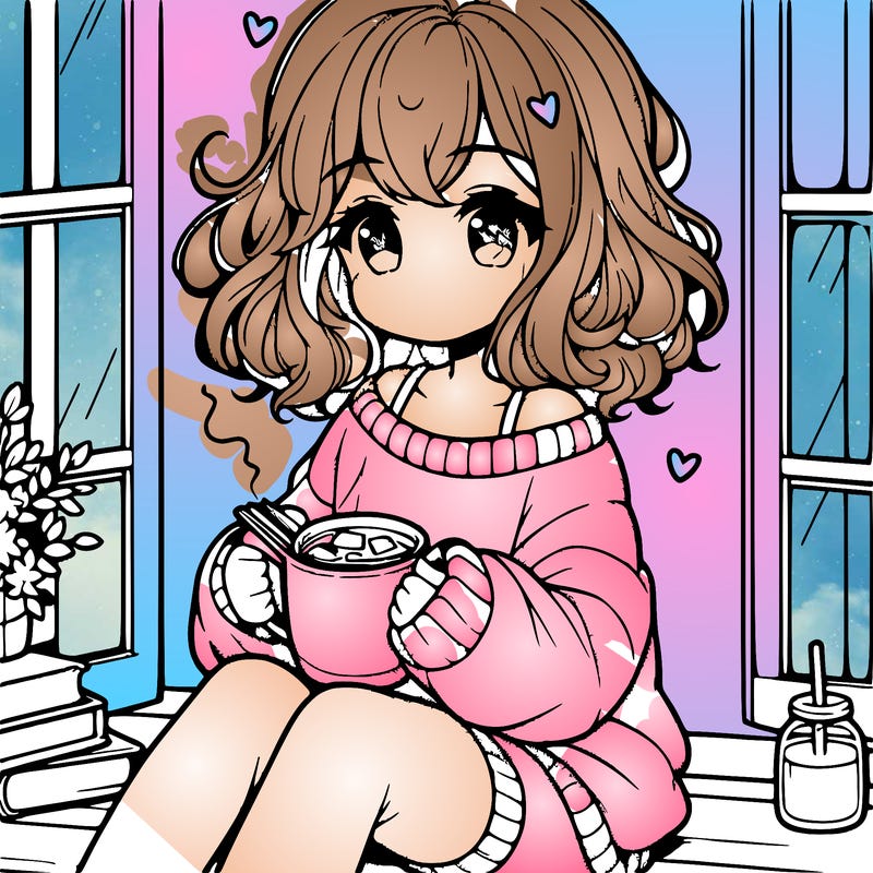 cute anime girl reading book and drinking hot chocolate from mug with loose wavy hair wearing a baggy sweatshirt and shorts sitting by windowsill looking out
