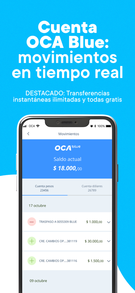 OCA Blue app screen displaying real-time financial movements and account balance.