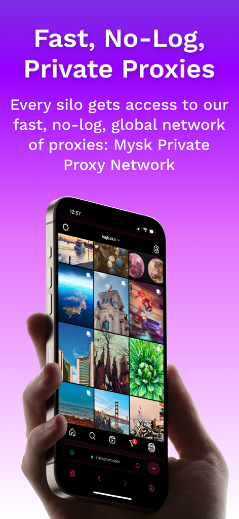 Psylo: Private Browser & Proxy - Schermata dello smartphone che mostra l'app Psylo con testo su proxy privati veloci senza log su sfondo viola