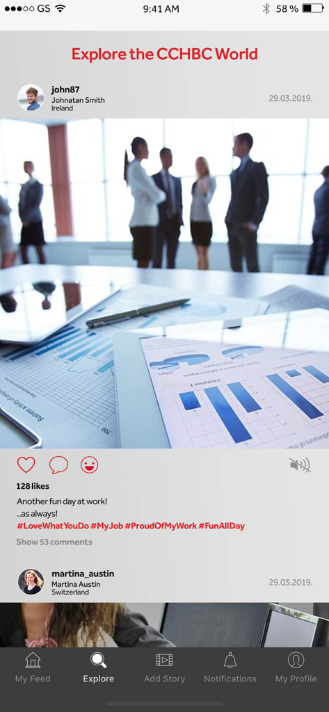 CCHBC This is Me - Explore feed of the CCHBC This is Me internal social networking app for employees showing a post from a team member.