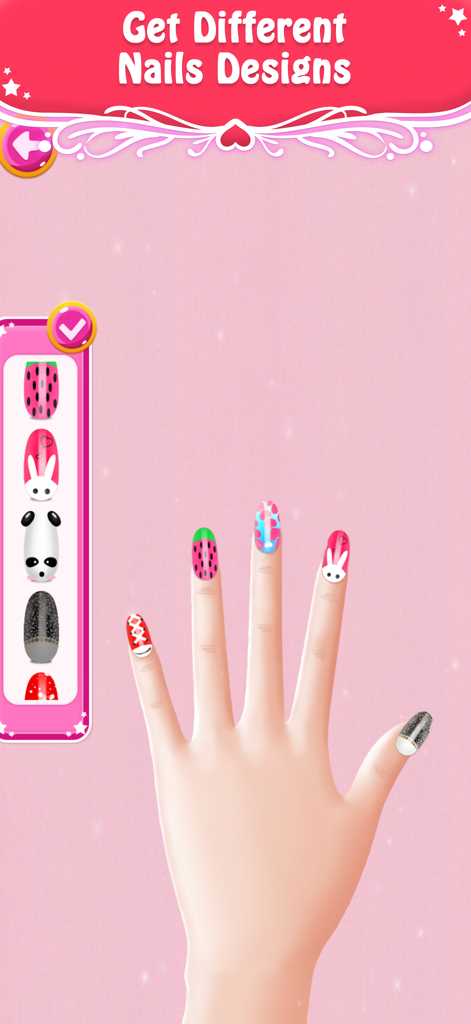 Virtual hand with various creative nail designs in a princess makeover game