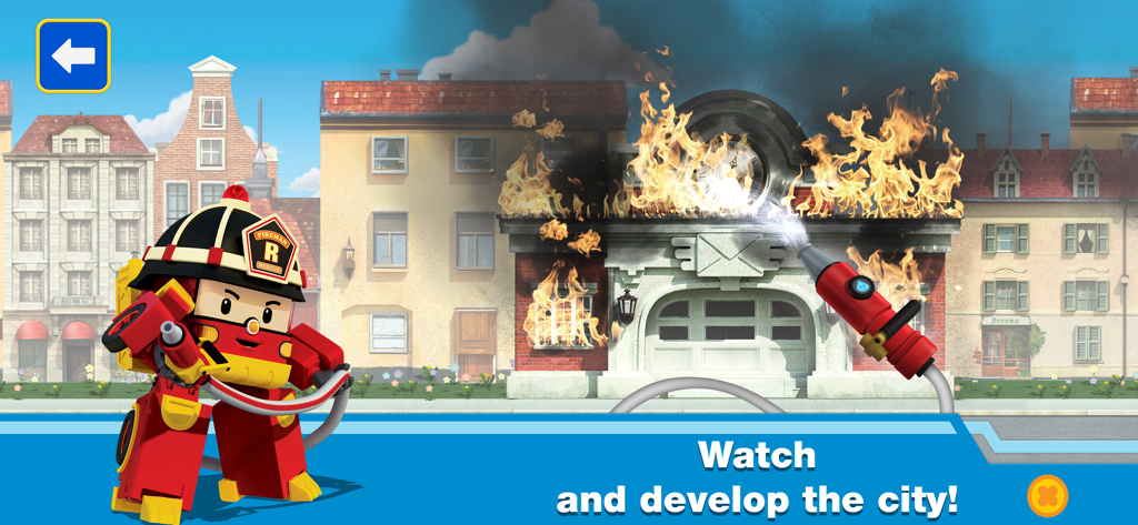 Roy von Robocar Poli löscht einen Gebäudebrand mit einem Wasserschlauch