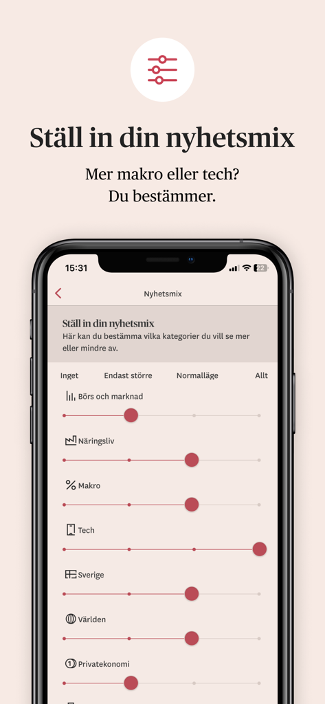 金融カテゴリのスライダーを備えたOmni Ekonomiニュースミックスカスタマイズ画面。