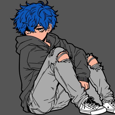a male hoddie ripped jeans messy hair anime