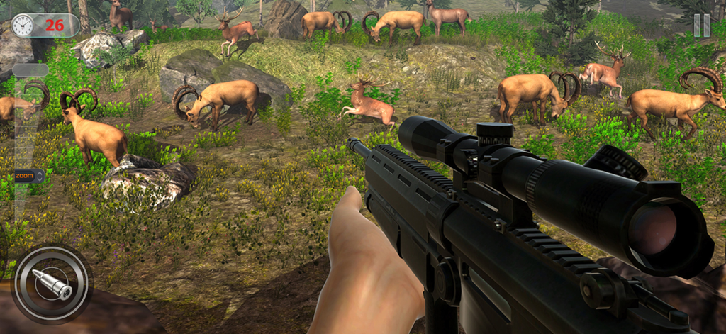 Deer Hunting Sniper 3D - Egoperspektive eines Sniper-Gewehrs, das im Safari-Gebiet auf Wildtiere zielt