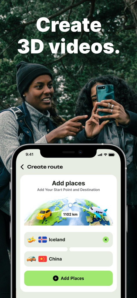 Travel Route Animation Video - Écran de smartphone affichant une interface de carte 3D pour créer des animations d'itinéraires de voyage entre pays