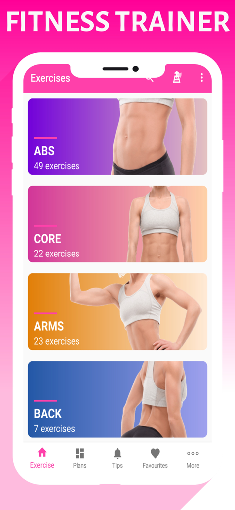 Pro Women Workout: Lose Weight - Pro Women Workout app interface showing exercise categories for abs core arms and back