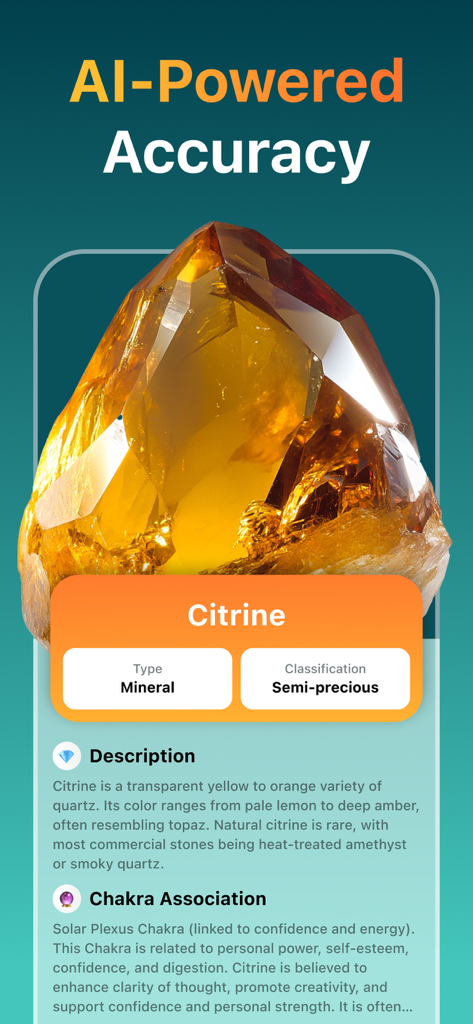RockLens - Stone & Gemstone ID - RockLens app interface displaying Citrine gemstone identification with scientific description and chakra association.