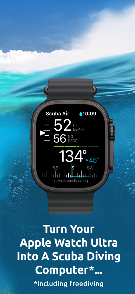 Scuba Diving Computer Oceanic+ - Apple Watch Ultra mostrando la interfaz de la aplicación del ordenador de buceo Scuba Oceanic plus bajo el agua