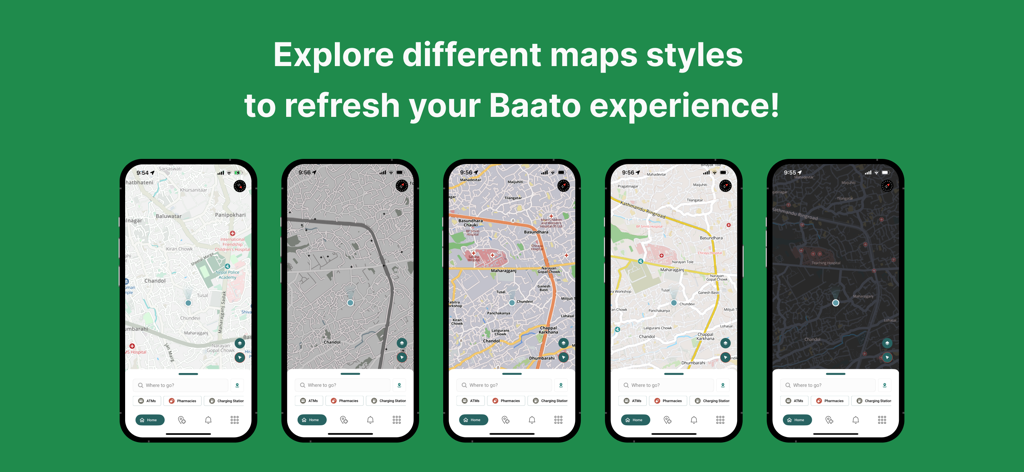 Baato Maps - Five mobile screens showcasing different map styles in the Baato Maps app for Nepal navigation
