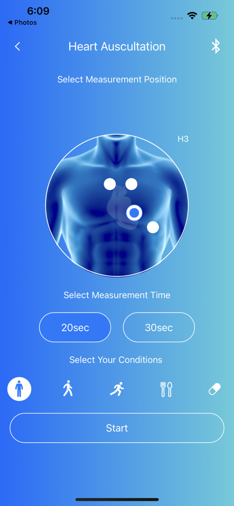 Schermata di configurazione della misurazione cardiaca nell'app Skeeper Health Mate che mostra le posizioni di misurazione e le opzioni di tempo.