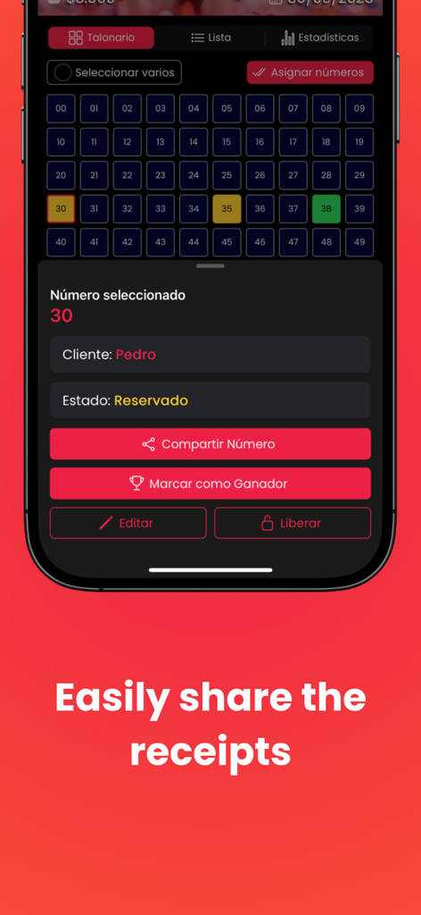 Me Rifan - Interfaz de la aplicación móvil Me Rifan que muestra una cuadrícula de boletos de rifa y opciones para gestionar y compartir recibos de boletos
