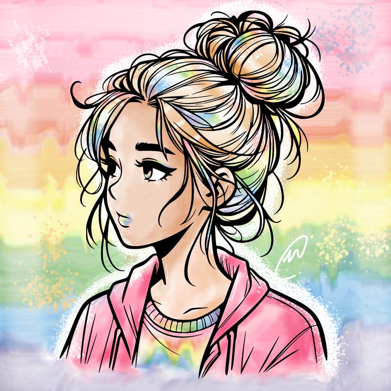 realistic teenage girl with a messy bun
