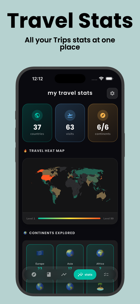 been: My Countries Visited Map - The Been app travel stats screen showing a world heat map and counters for countries and continents visited