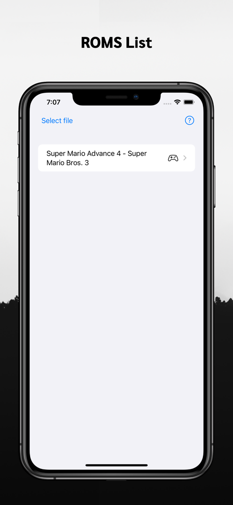 Uma captura de tela do aplicativo de emulador GBA mostrando uma lista de arquivos ROM importados, incluindo Super Mario Advance 4.