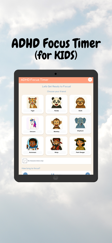 ADHD Focus Timer - Character selection screen in the ADHD Focus Timer app for kids featuring animal and human avatars