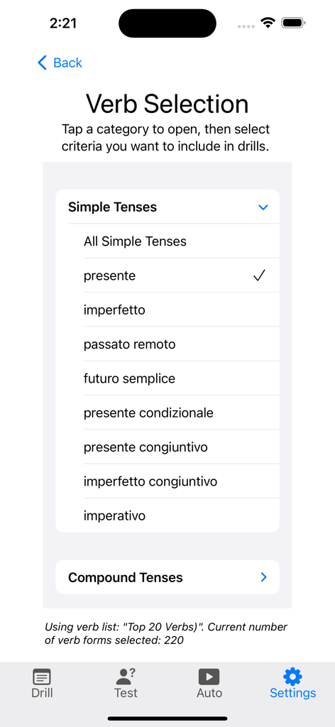 Auswahlbildschirm für italienische Verb-Zeitformen mit Optionen für einfache und zusammengesetzte Zeitformen für Übungsübungen.