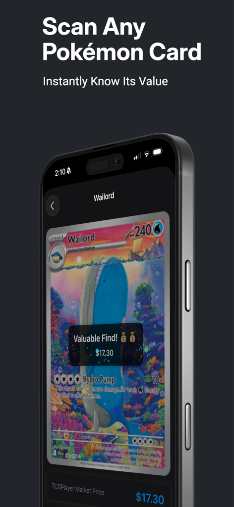 Poké Pricer: Pokemon Scanner - iPhone screen showing the Poke Pricer app scanning a Pokemon card to find its real time market value