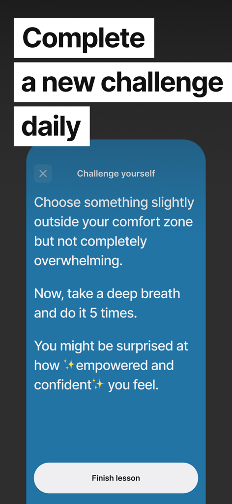 Skillsta: Social skill trainer - Screenshot of Skillsta app showing a daily social skill challenge to step outside the comfort zone and build confidence