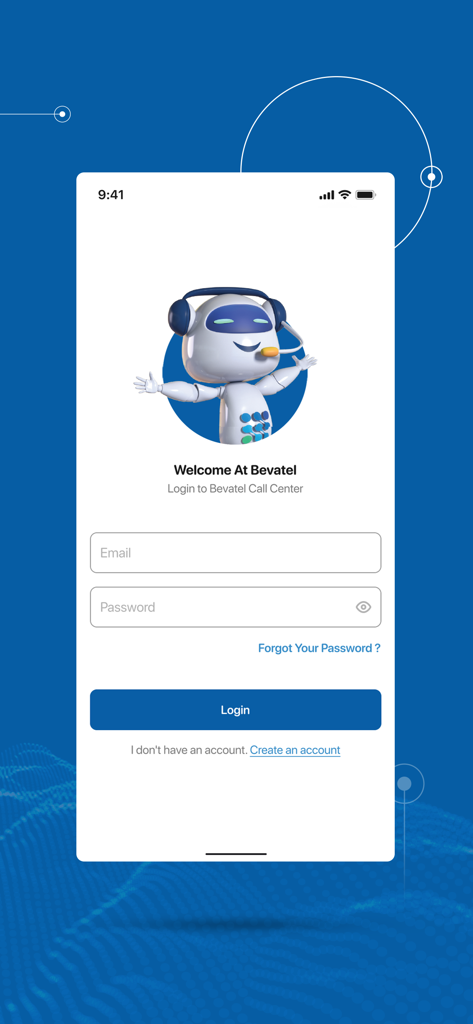 Bevatel Call Center - Login screen of the Bevatel Call Center SIP softphone app showing email and password fields with a friendly robot mascot