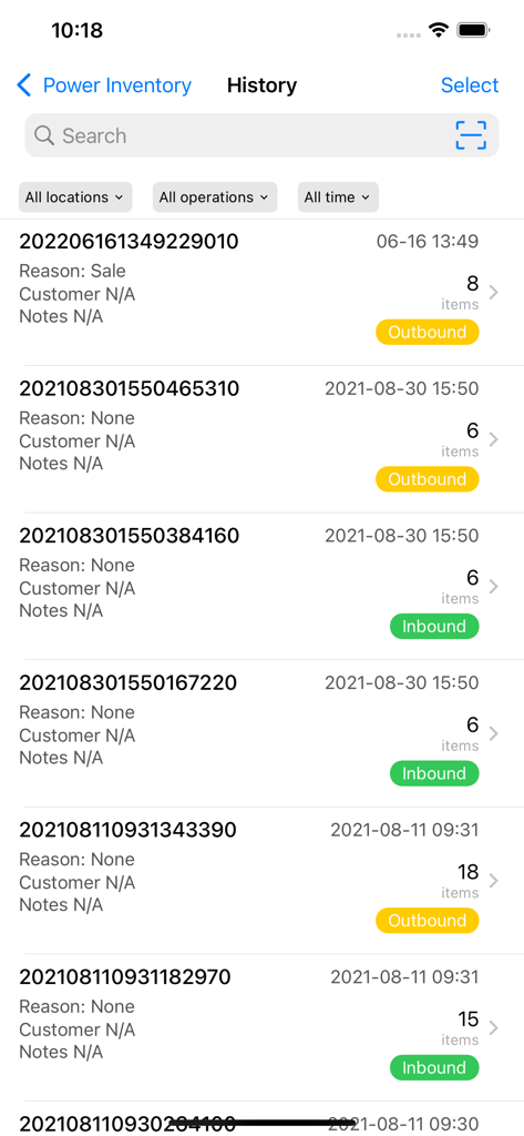 Power Inventory - Cloud WMS - A mobile screen showing the history of inbound and outbound inventory transactions with dates and item counts